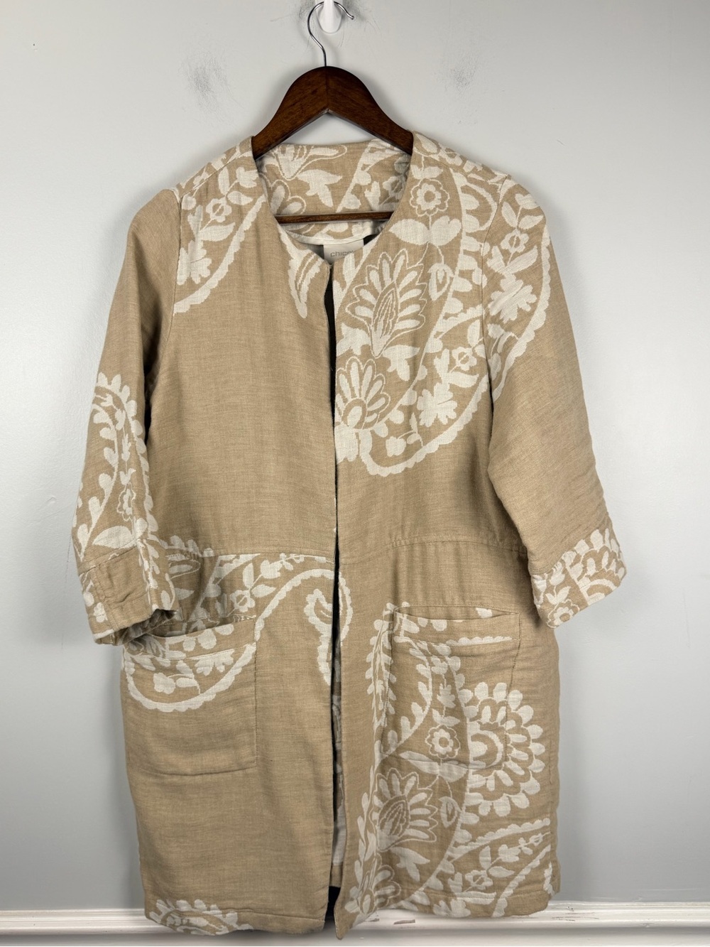 Chico’s Jacket Topper Linen Cotton Oatmeal Ivory 3/4 Sleeves Size 2 / large